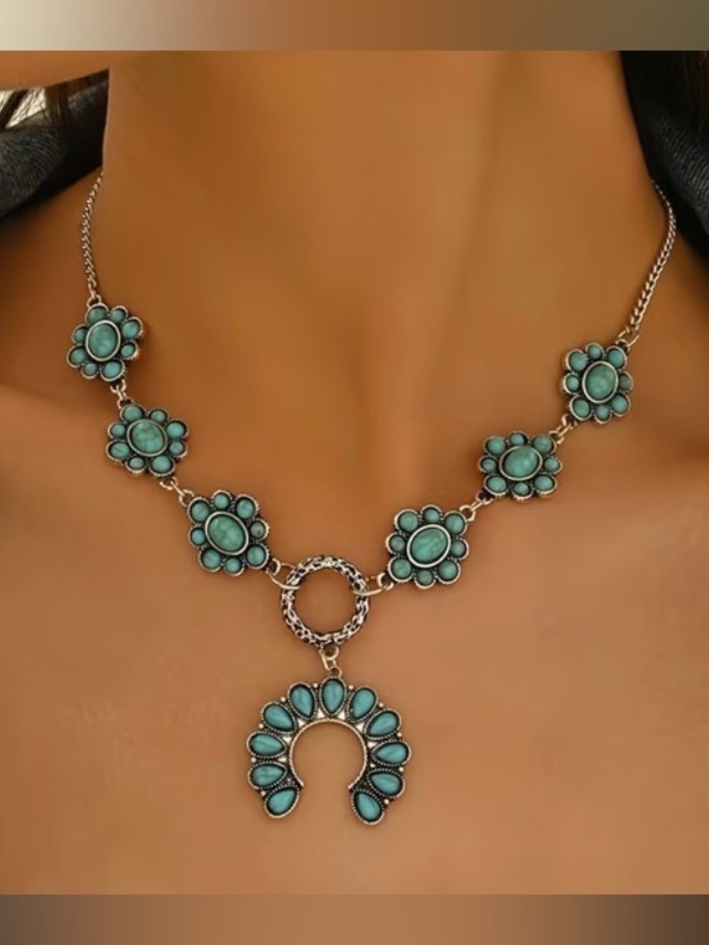 Western Turquoise Floral Statement Necklace Bohemian Necklace Cowgirl Necklace - Picture 3 of 6